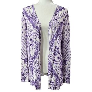Chico's Purple White Paisley Open Front Lightweight Longline Cardigan Boho